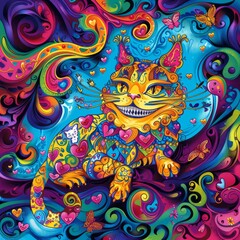 Colorful, abstract illustration of a cat with hearts and butterflies on a blue and purple background.