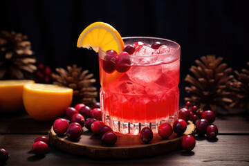 Cranberry orange whiskey sour xmas coctail with ingredietns on black background, copy space