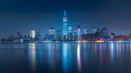 Obraz premium Panorama of the skyline of Manhattan, view from Jersey city during the blue hour. New York City skyline with the Empire State building at night with water reflections.