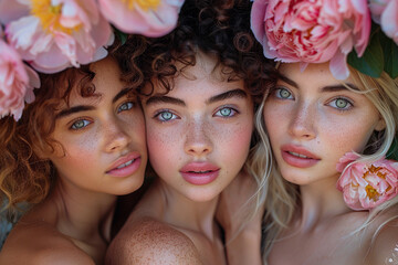 Beauty shoot with three models of ethnically diverse girls dressed in rich colours of pink. Ethnically diverse girls demonstrating light make-up. For beauticians, beauty salons and the cosmetics.