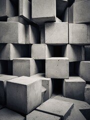 Fototapeta premium Shifted and rotated grey concrete cube blocks, abstract background wallpaper