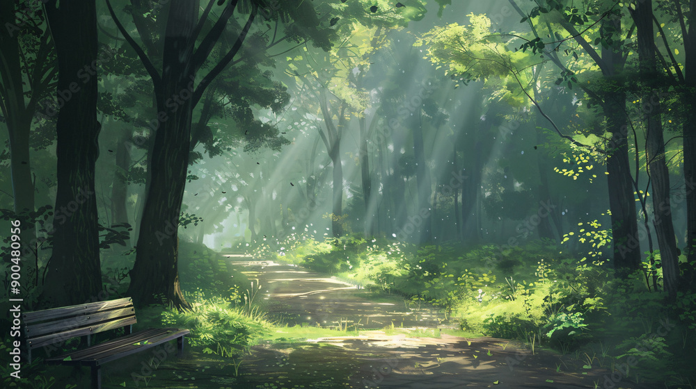 Aufkleber Sunlight streaming through trees on a path in a lush green forest