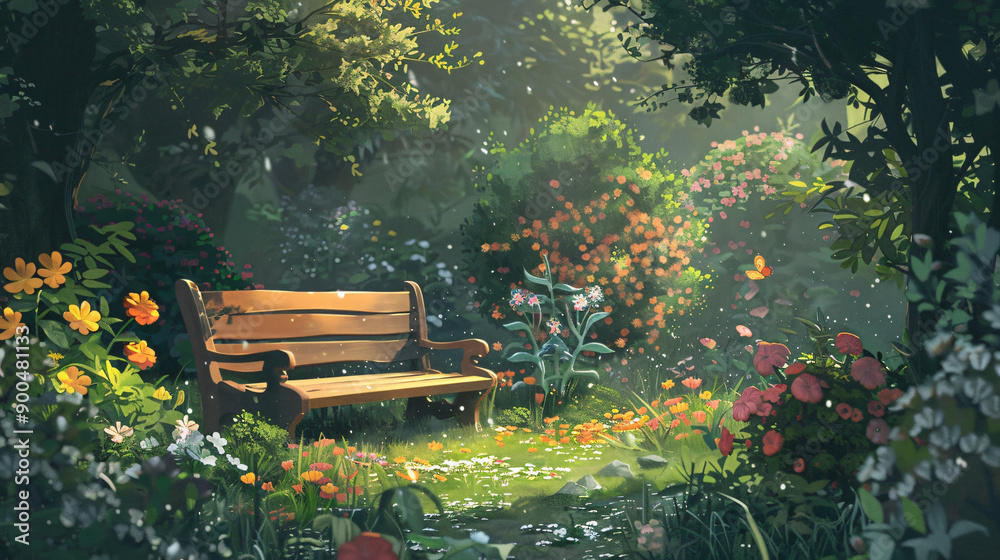 Aufkleber serene bench in a lively garden, with sunlight streaming through the trees and casting a glow on the