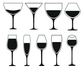 Vector drinks glasses. Cocktails alcoholic, manhattan, martini, sidecar glass. Champagne cheers with wine glasses vintage style. Food icons set goblet for bar, beer, cognac, brandy, whiskey, vodka 