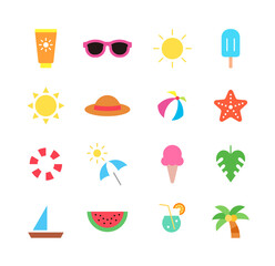 A set of colorful and cute summer concept icon illustrations. Ice cream, watermelon, starfish, sun, tube, parasol, sunscreen, sunglasses, palm tree, drink, boat, hat.