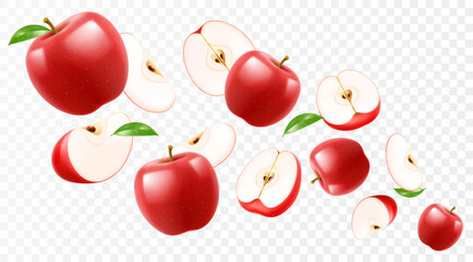 Flying red juicy apples. Bright advertising background falling red apples, realistic with blurred effect. 3d vector illustration