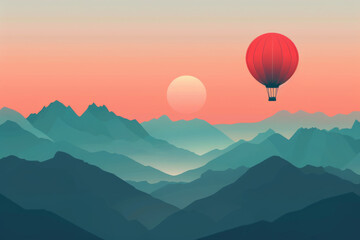 Fototapeta premium Red Hot Air Balloon Over Mountains at Sunset
