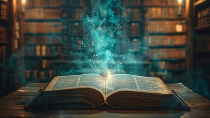 An ancient book emits a mystic blue light in a dimly lit library filled with shelves of books,...