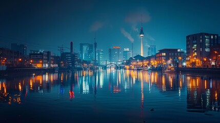 Obraz premium A nighttime view of Berlin, Germany, showcases the Berlin TV Tower amid brightly lit buildings, the Spree River, and urban scenery, combining natural and urban elements.