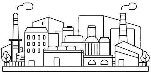 Detailed Line Drawing of Industrial Plant: Professional Illustration for Various Uses