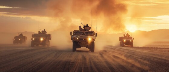 Military convoy of 5 vehicles in desert. Lead vehicle followed by 4 others with visible personnel. Dusk setting with urgency of a military operation.