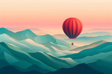 Fototapeta premium Red Hot Air Balloon Soaring Over a Misty Mountain Range