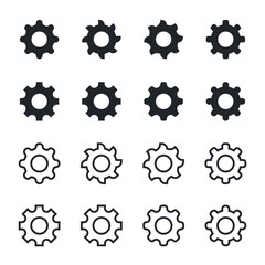 Set of gears in different shapes in both filled and outlined variations. Vector icon collection in flat style
