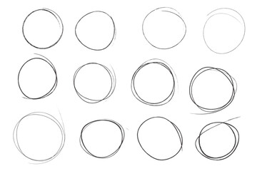 Set of drawn black circles in different shapes. Handmade scratch illustrations. Highlight vector icons