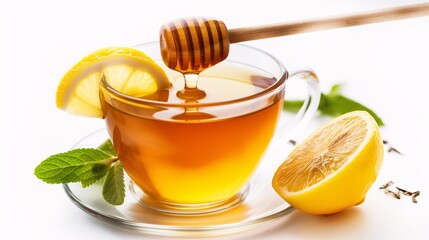 Steaming cup of herbal tea with a lemon wedge and honey dipper