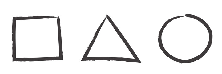 Simple set of hand drawn square, triangle and circle. Imitating black pen, marker or crayons. Vector icons