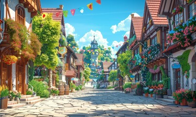 Naklejka premium Quaint village street decorated with Oktoberfest festival flags.