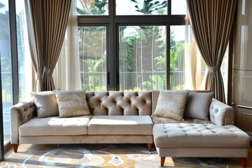 Corner sofa set with three pillows in modern style, Sunny day outside windows, Luxury tone color of curtain, Rest area for people to lie down and sleep or recess, generative ai