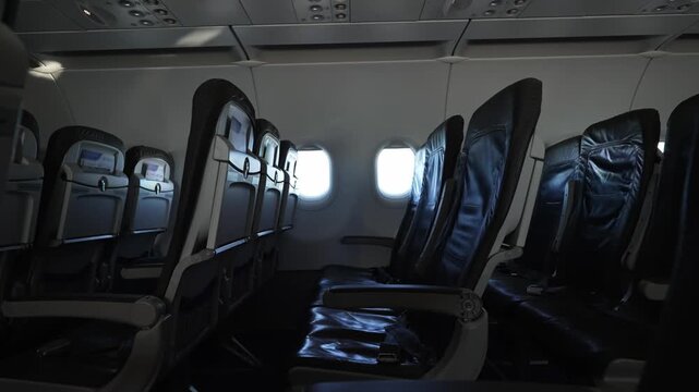Empty seats on an airplane. Inside the Airplane.