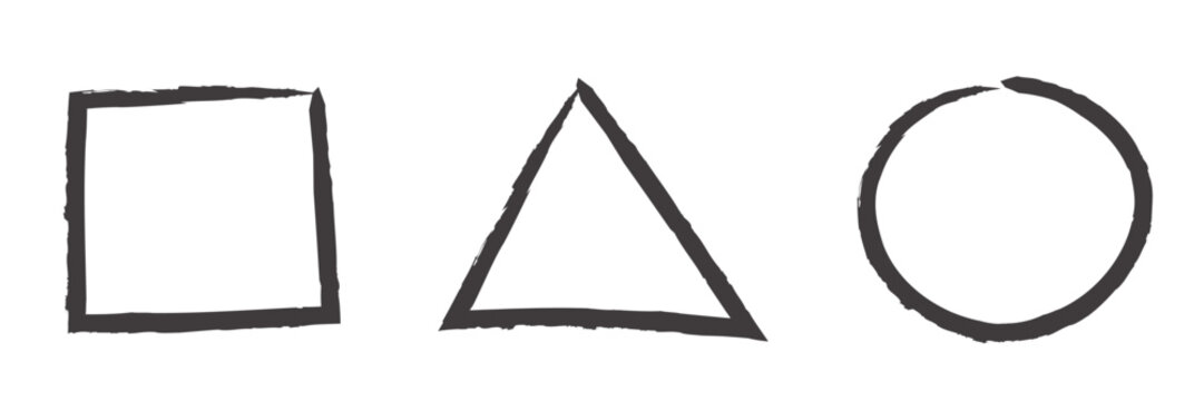 Simple set of hand drawn square, triangle and circle. Imitating black pen, marker or crayons. Vector icons