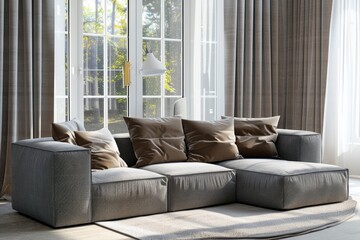 Fototapeta premium Corner sofa set with three pillows in modern style, Sunny day outside windows, Luxury tone color of curtain, Rest area for people to lie down and sleep or recess, generative ai