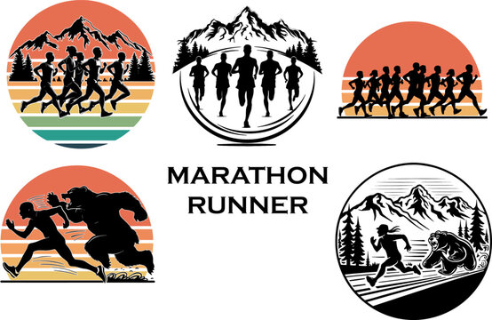 vintage silhouette set marathon sport runners. black and white runner chased by bear funny motivation t-shirt, logo design collection on solid white background.