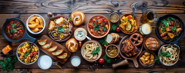 Rustic wooden table set with traditional Bavarian dishes, beer steins, and pretzels at Oktoberfest.