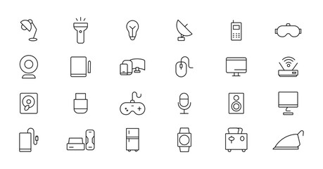 Device and technology line icon set. Electronic devices and gadgets, computer, equipment and electronics. Computer monitor, smartphone, tablet and laptop simple icon collections