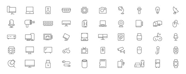 Device and technology line icon set. Electronic devices and gadgets, computer, equipment and electronics. Computer monitor, smartphone, tablet and laptop simple icon collections