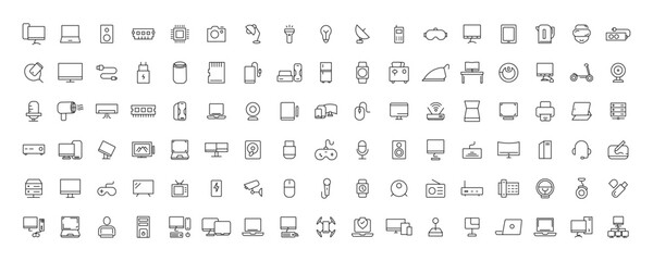 Device and technology line icon set. Electronic devices and gadgets, computer, equipment and electronics. Computer monitor, smartphone, tablet and laptop simple icon collections