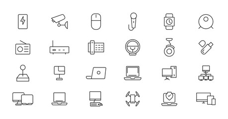 Device and technology line icon set. Electronic devices and gadgets, computer, equipment and electronics. Computer monitor, smartphone, tablet and laptop simple icon collections