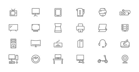 Fototapeta premium Device and technology line icon set. Electronic devices and gadgets, computer, equipment and electronics. Computer monitor, smartphone, tablet and laptop simple icon collections