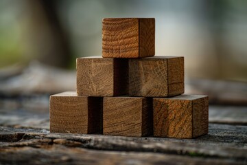 Stack of wooden blocks placed on a wooden table, ideal for illustrations and designs