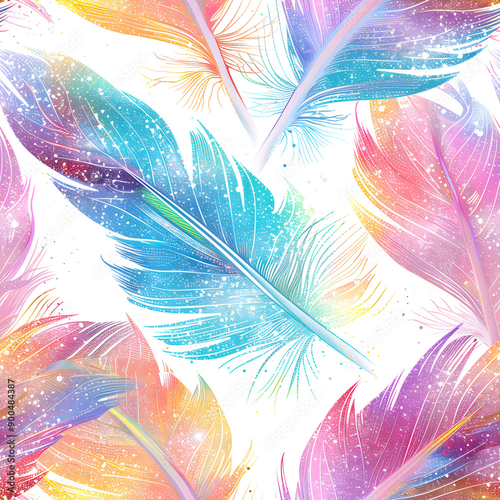 Poster Colorful feather pattern creating a soft and dreamy background