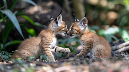 Adorable caracal siblings playfully interacting in a heartwarming exhibit of sibling camaraderie