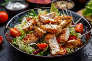 Fototapeta premium Delicious Caesar Salad! Or a London salad with chicken breast and homemade mayonnaise! Ideal photo for the menu, generative ai