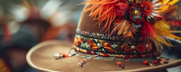 Close-up of a traditional Bavarian hat adorned with feathers and a decorative band at the Oktoberfest festival.