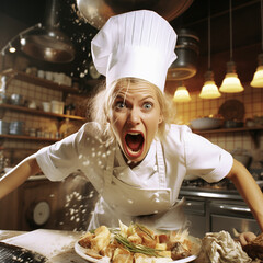 Portrait of angry screaming female cook in kitchen. Angry cook in apron and chef cap hat.