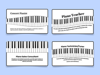 Piano teacher technician tuner sales consultant business card design template set vector flat