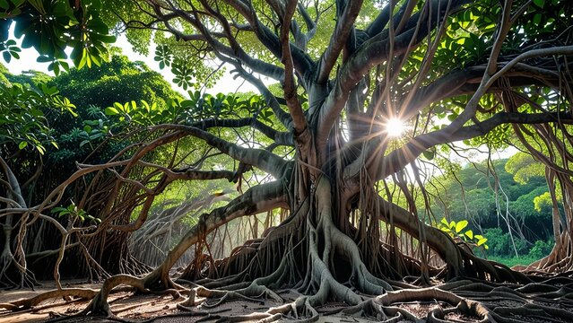 Sunlit Banyan Tree with Exposed Roots