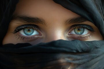 Naklejka premium close up of beautiful arabic woman's eyes in black veil