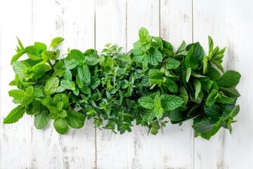 Green herbal mix of fresh mint and melissa herbs on white wooden background, generative ai