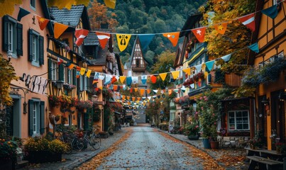 Fototapeta premium Quaint village street decorated with Oktoberfest festival flags.