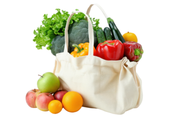 Reusable grocery bag containing fresh fruits and vegetables isolated on white background.
