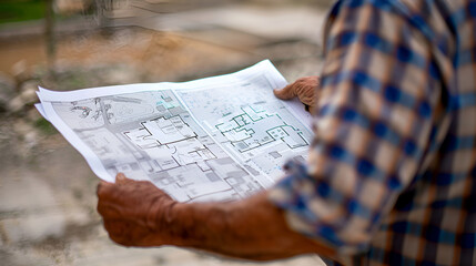 Naklejka premium Senior Architect Reviewing Detailed Blueprints at Construction Site, Overseeing Project Progress and Accuracy in Design