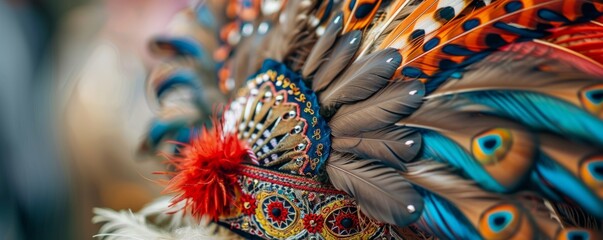 Fototapeta premium Close-up of a traditional Bavarian hat with feathers and intricate embroidery at Oktoberfest.