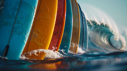 colorful Surfboards hit by waves representing California&rsquo;s surfing culture.