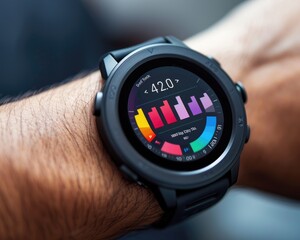 Fototapeta premium Modern Fitness Tracking: Close-Up of Smartwatch Displaying Fitness App on Wrist