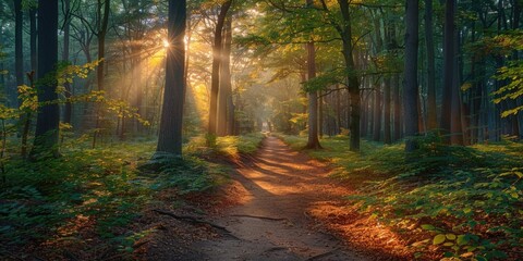 Obraz premium Enchanted Forest Trail Bathed in Sunlight - Ideal for Nature and Outdoor Themes