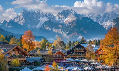 Scenic view of mountains with beer tents in the foreground at the Oktoberfest festival.